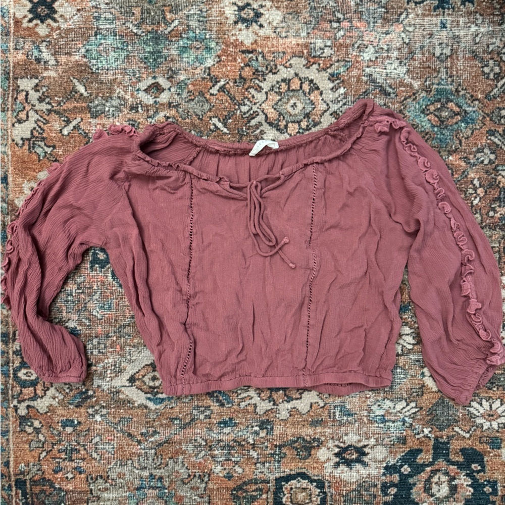 Lush S Dusty Rose Off-Shoulder cropped long sleeve ruffle Blouse